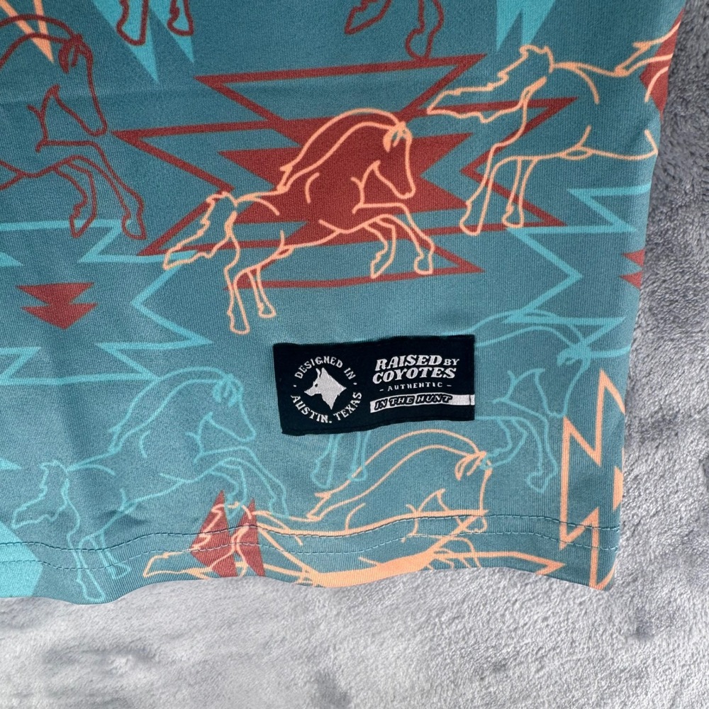 Raised by Coyotes Mens L Tank Top Southwestern Horse Print Blue Red Orange - Picture 3 of 8